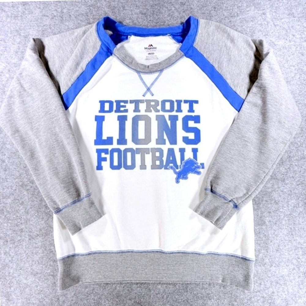 Majestic Detroit Lions Football Raglan Sweatshirt Grey White Blue Mens XL NFL